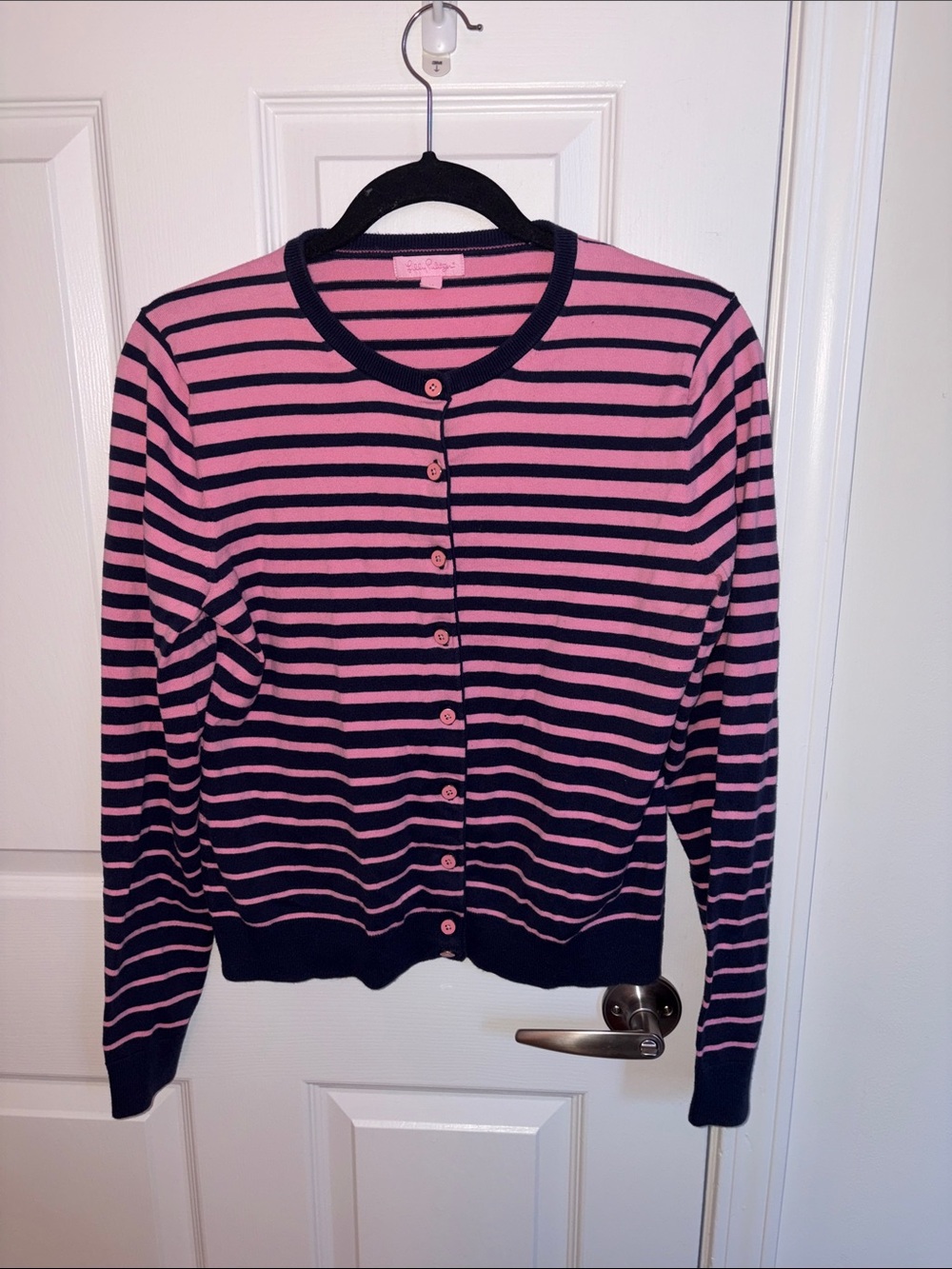 Lilly Pulitzer Striped Pink and Navy Crewneck Cardigan Sweater - Picture 1 of 4